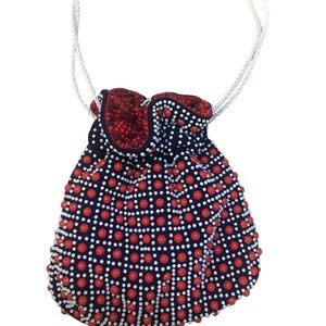 Vintage Beaded Dot Reversible Drawstring Bag Pouch 60s 70s